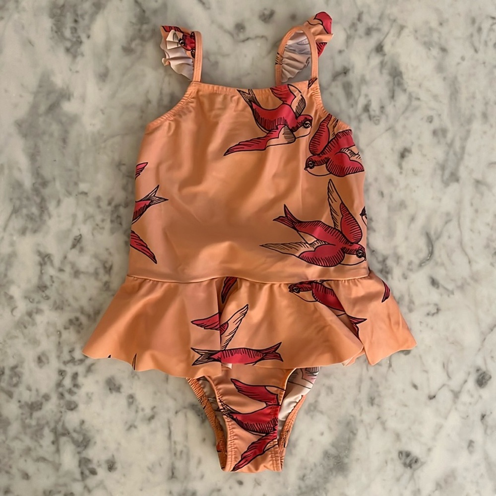 Mini Rodini Peach Pink Swallow Bird Print swimsuit Size 4/5